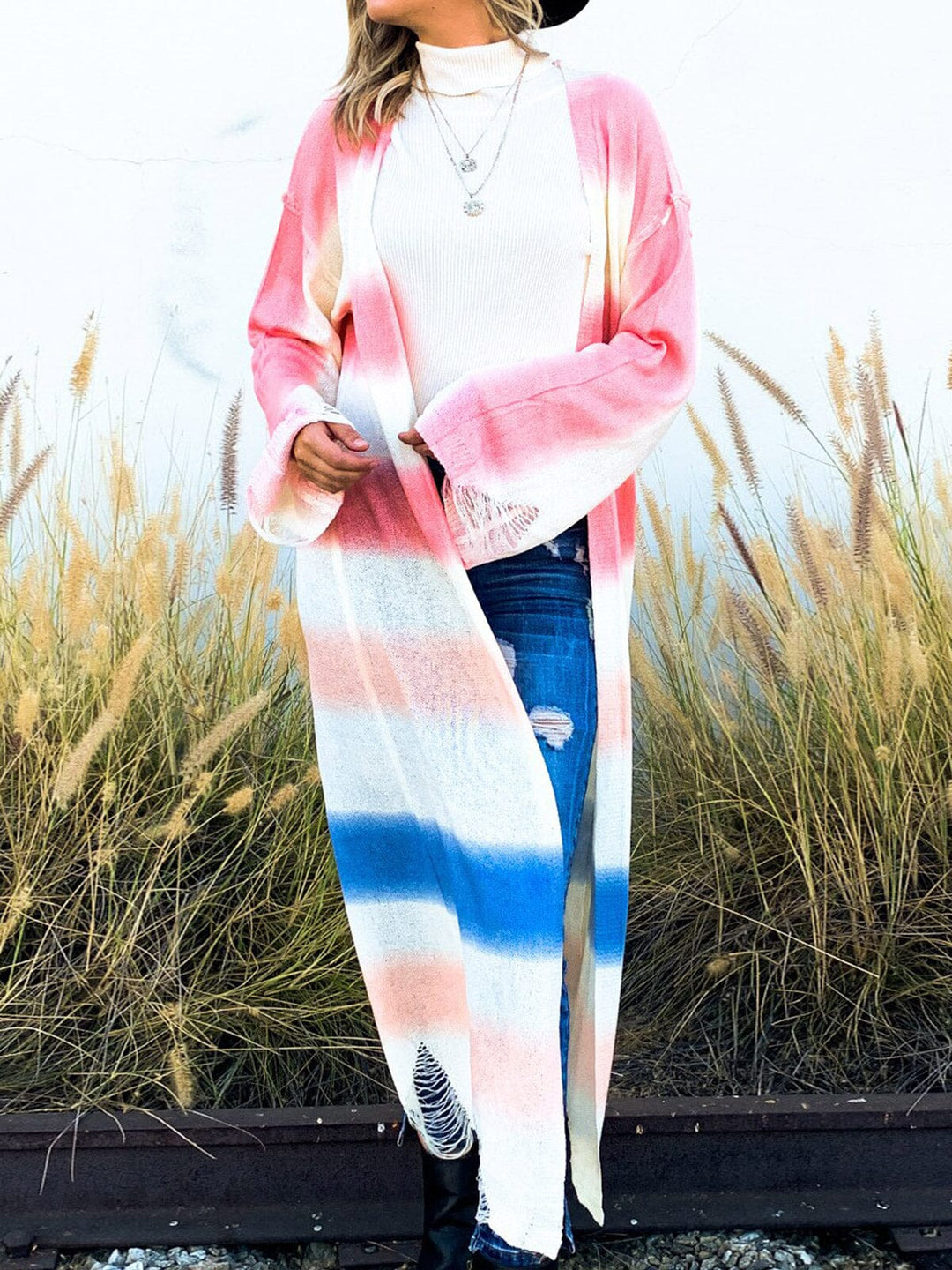 WOMEN'S LONG SLEEVE OPEN FRONT COLORBLOCK STRIPES KNIT DISTRESS CARDIGAN