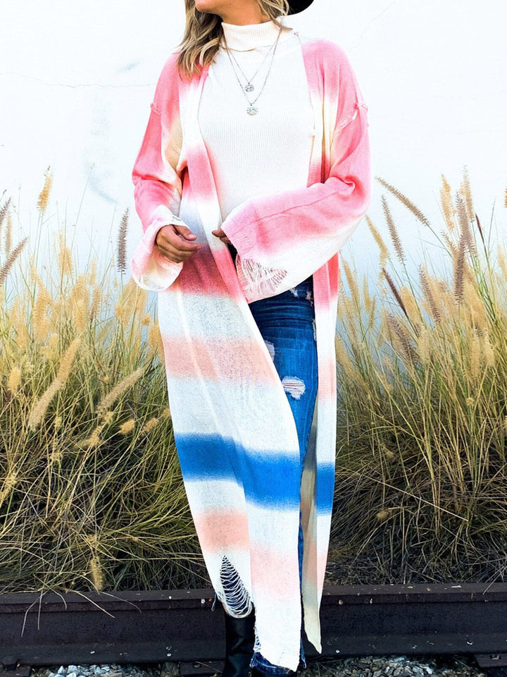 WOMEN'S LONG SLEEVE OPEN FRONT COLORBLOCK STRIPES KNIT DISTRESS CARDIGAN