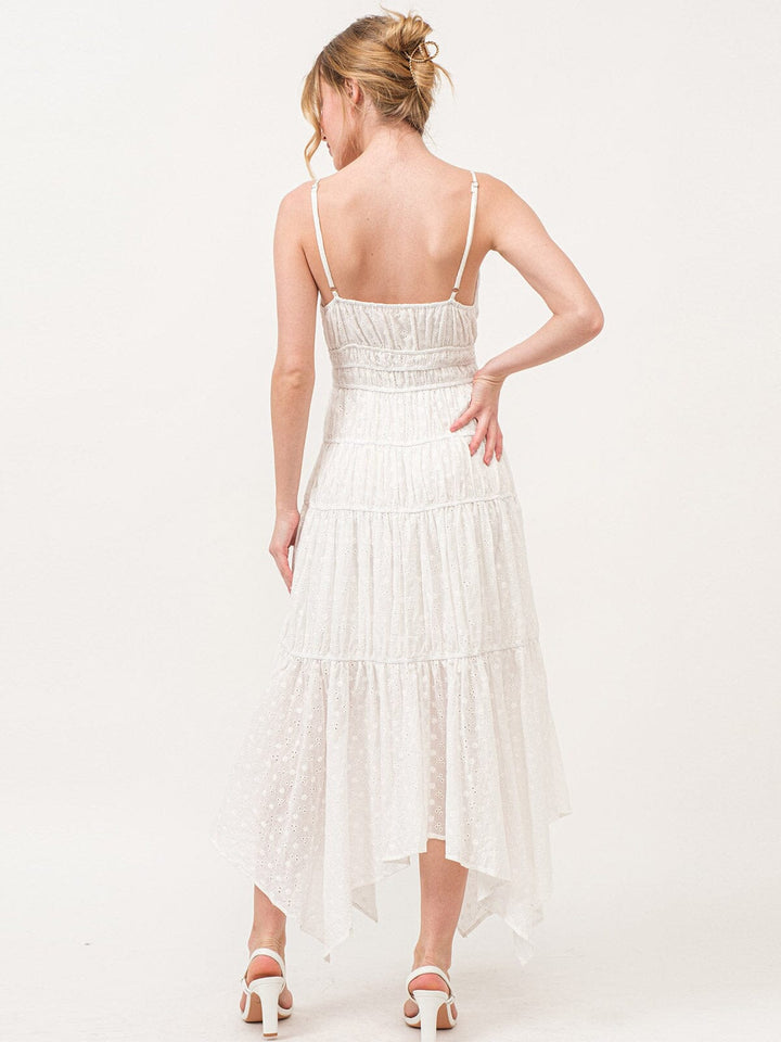 WOMEN'S SLEEVELESS V-NECK EYELET FLORAL TIERED MAXI DRESS