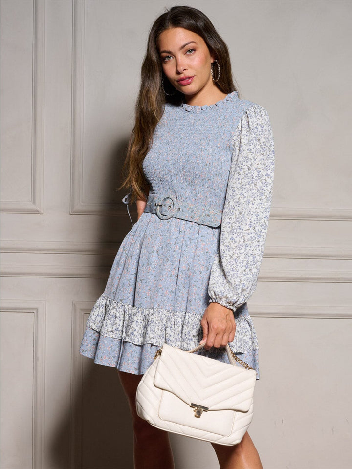 WOMEN'S LONG SLEEVE BELTED TIERED FLORAL SMOCK MINI DRESS