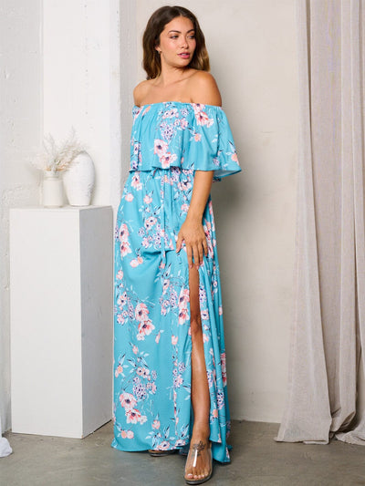 WOMEN'S OFF SHOULDER FRONT SLIT FLORAL MAXI DRESS