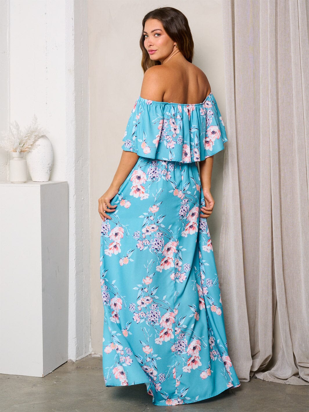WOMEN'S OFF SHOULDER FRONT SLIT FLORAL MAXI DRESS