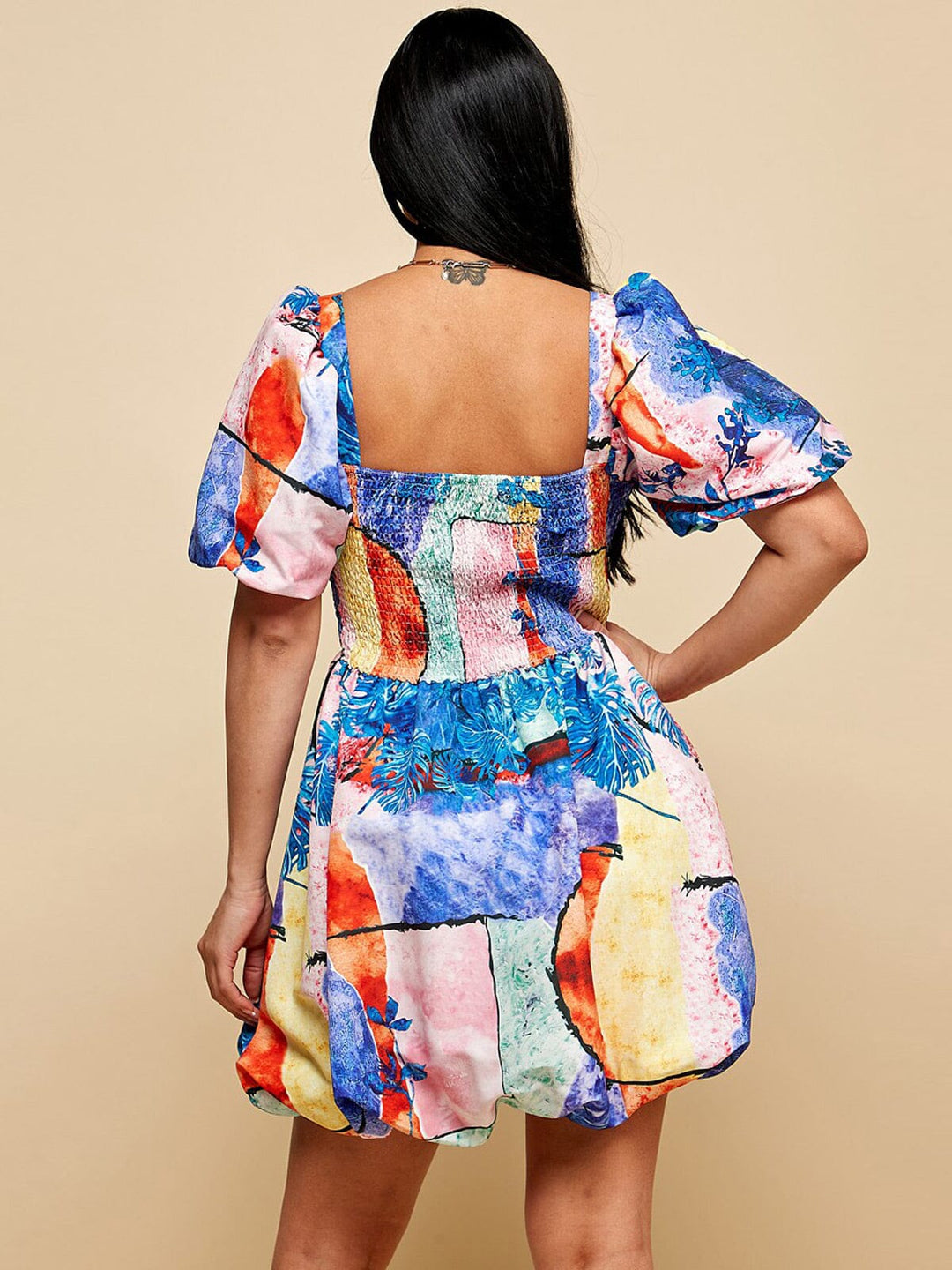WOMEN'S SHORT PUFF SLEEVE SMOCK MULTI PRINT MINI DRESS