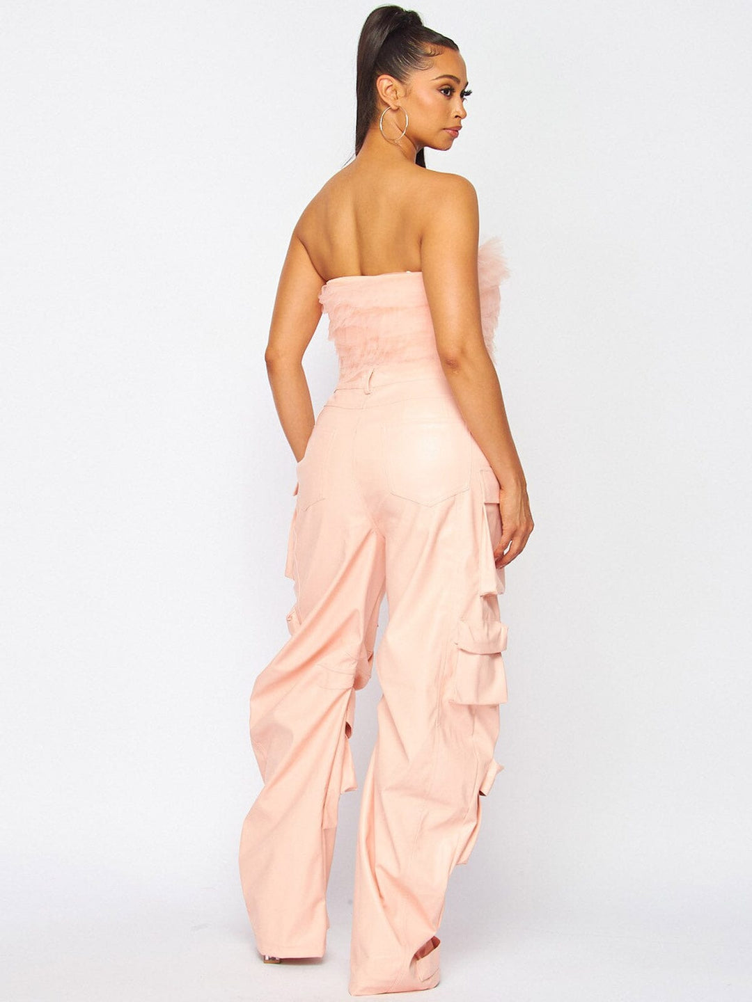 WOMEN'S BUTTON CLOSURE POCKETS PU PLEATHER PANTS