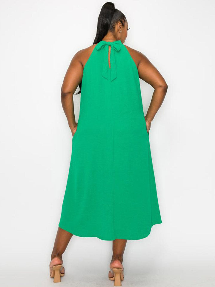 PLUS SIZE SLEEVELESS HALTER NECK POCKETS TUNIC MIDI DRESS
