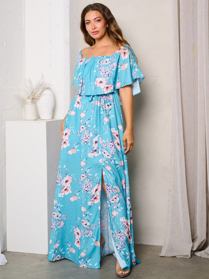 WOMEN'S OFF SHOULDER FRONT SLIT FLORAL MAXI DRESS