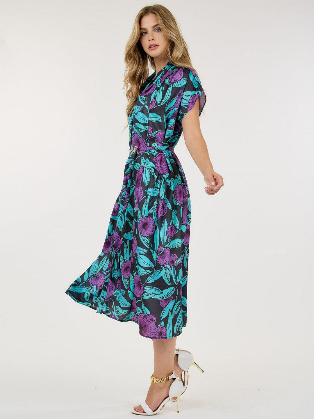 WOMEN'S SHORT SLEEVE POCKETS BELTED MULTI PRINT TUNIC MIDI DRESS