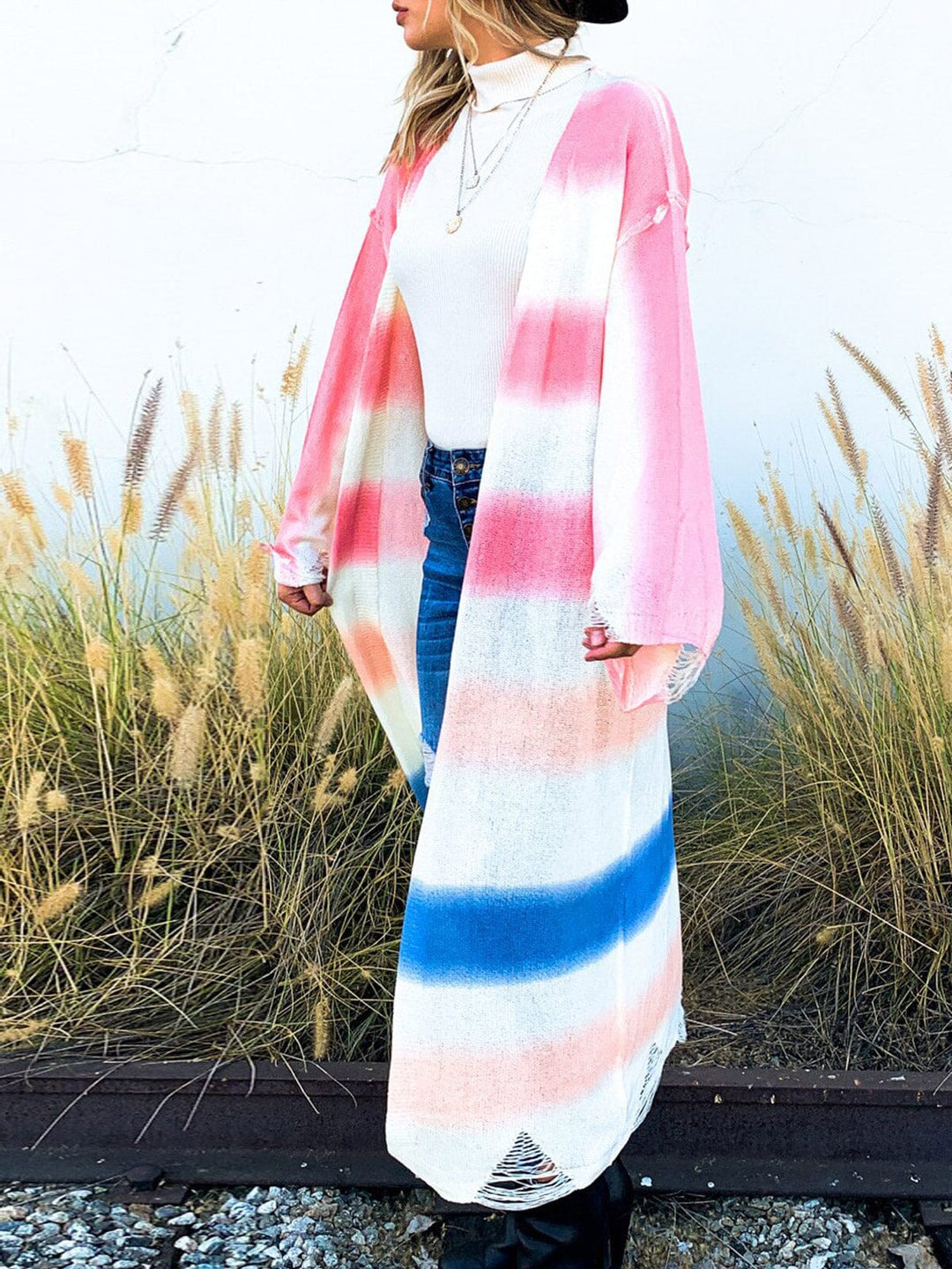 WOMEN'S LONG SLEEVE OPEN FRONT COLORBLOCK STRIPES KNIT DISTRESS CARDIGAN