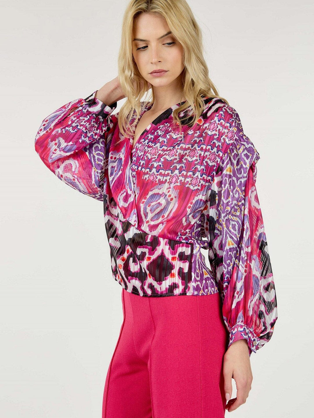 WOMEN'S LONG SLEEVE SURPLICE MULTI PRINT BLOUSE TOP