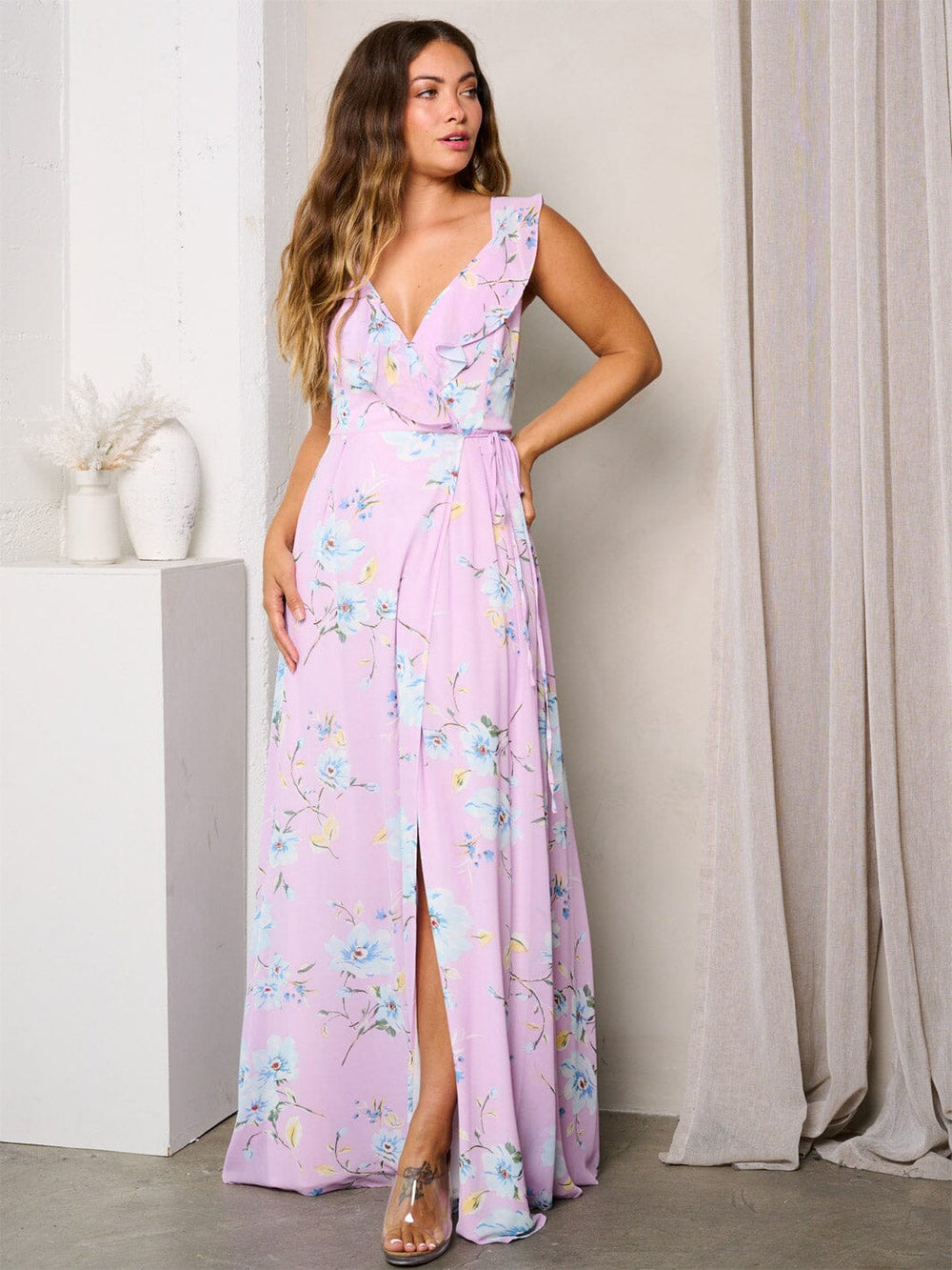 WOMEN'S SLEEVELESS OPEN BACK WRAP FLORAL MAXI DRESS