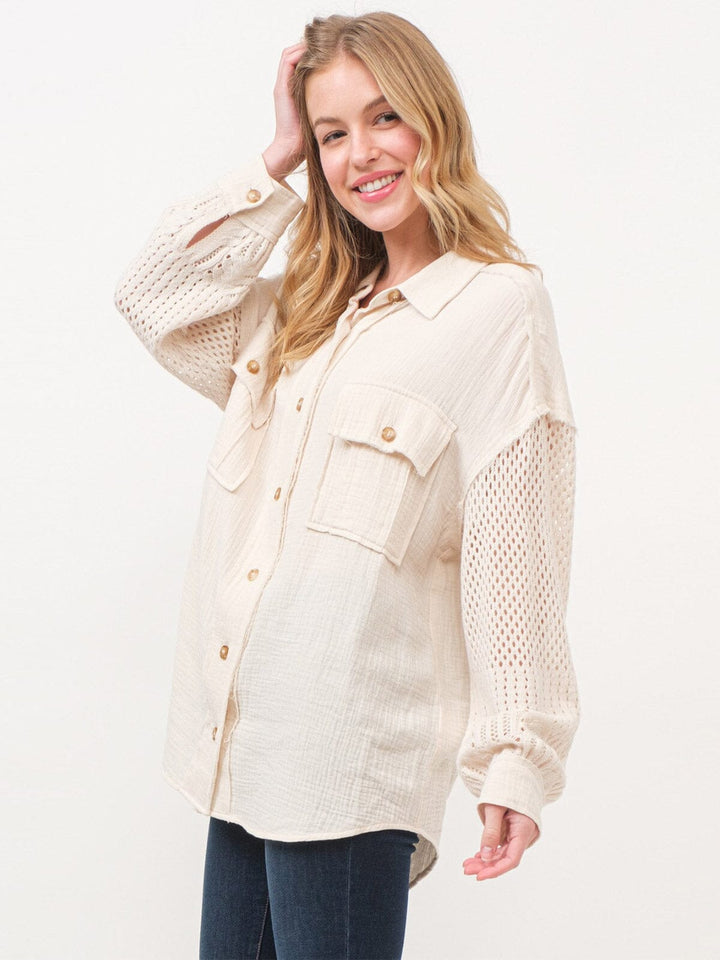 WOMEN'S LONG EYELET SLEEVE BUTTON UP FRONT POCKETS SHIRT