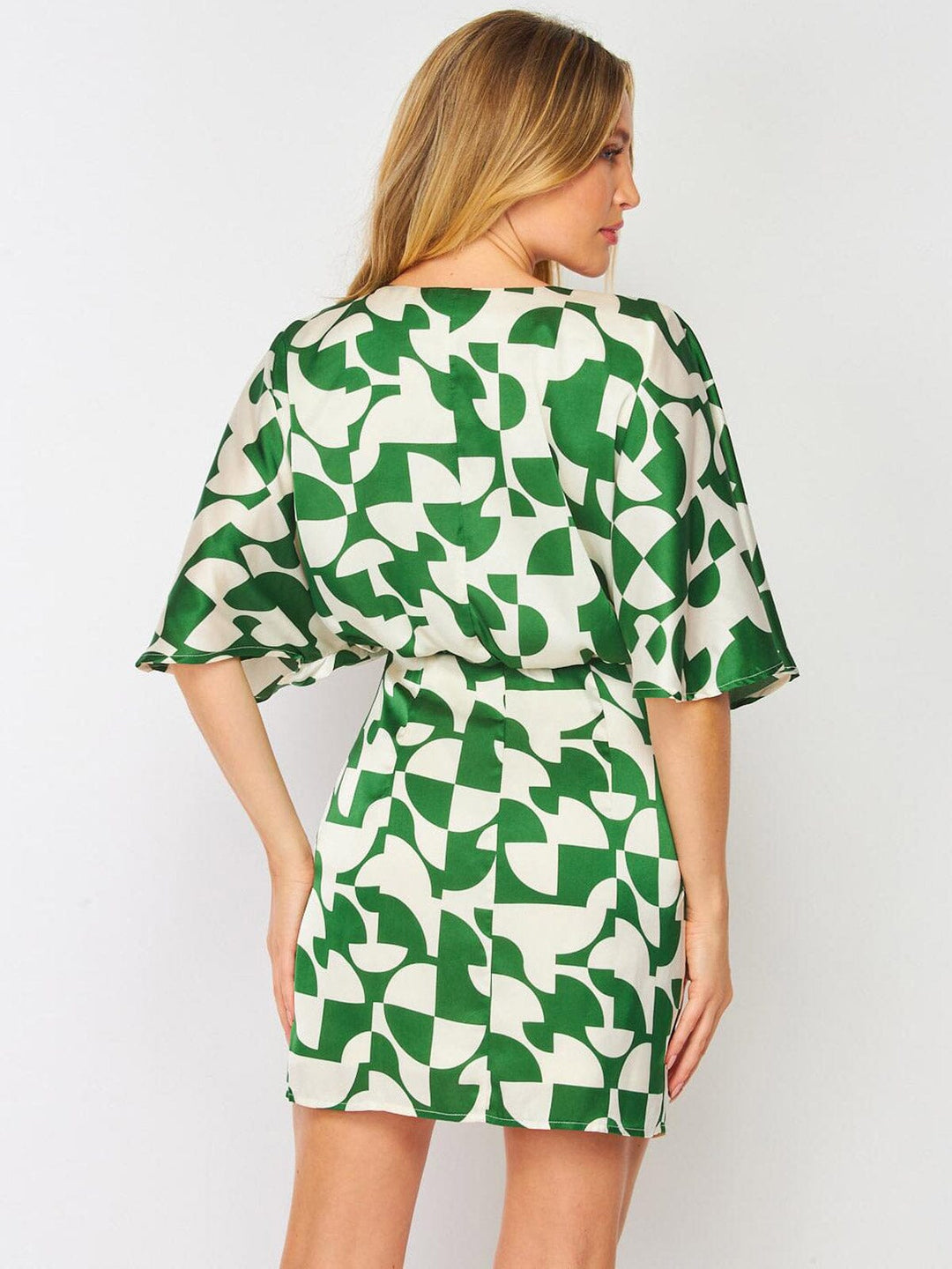 WOMEN'S SHORT SLEEVE SURPLICE MULTI PRINT MINI DRESS