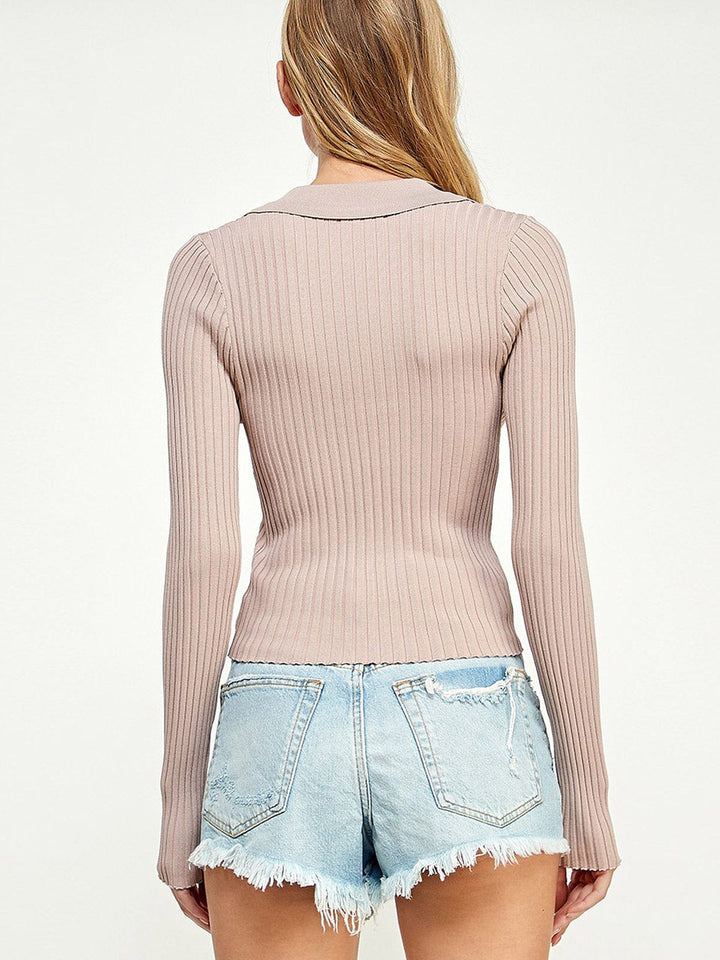 WOMEN'S LONG SLEEVES BUTTON UP RIBBED BLOUSE TOP