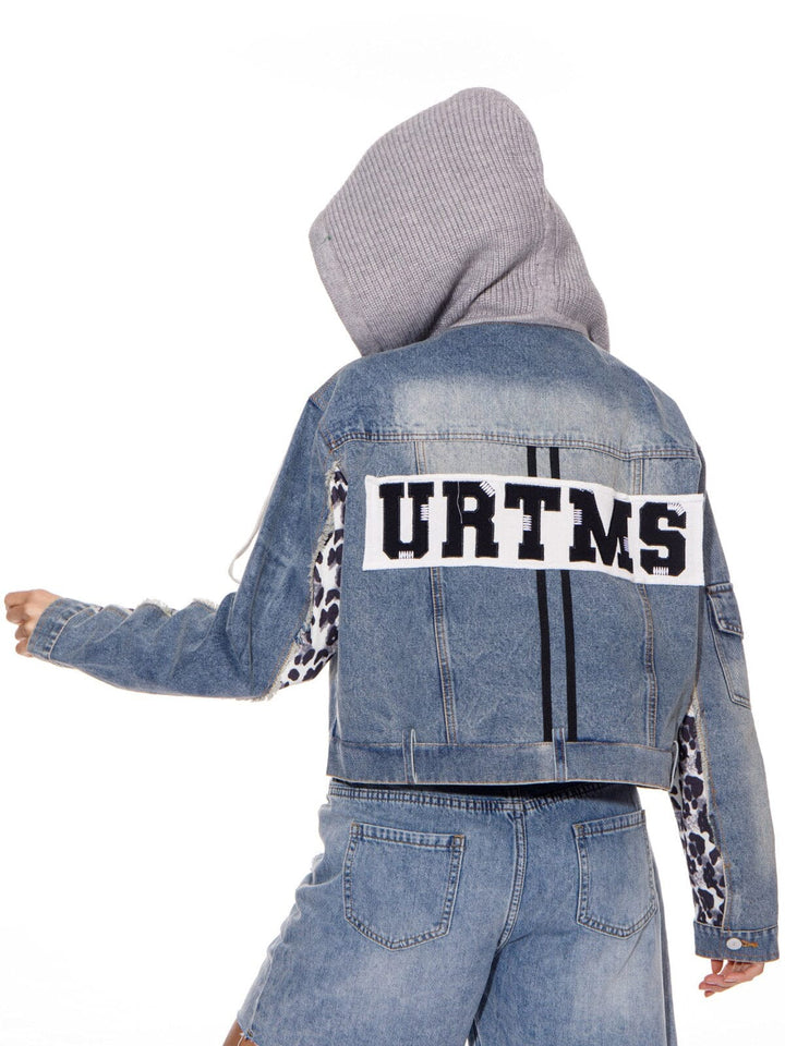 WOMEN'S LONG SLEEVES ZIP UP GRAPHIC HOODED PRINT DENIM JACKET