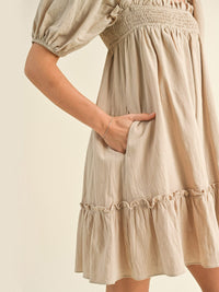 WOMEN'S SHORT PUFF SLEEVE POCKETS TUNIC MINI DRESS