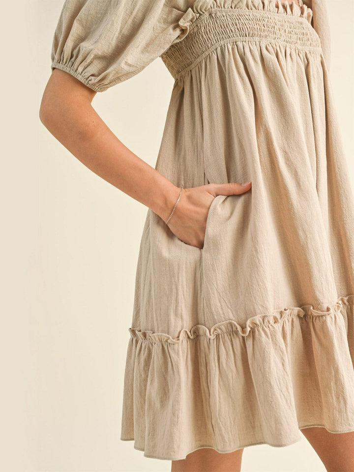 WOMEN'S SHORT PUFF SLEEVE POCKETS TUNIC MINI DRESS