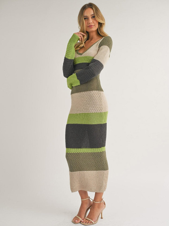 WOMEN'S LONG SLEEVE V-NECK KNIT STRIPES COLORBLOCK BODYCON MAXI DRESS