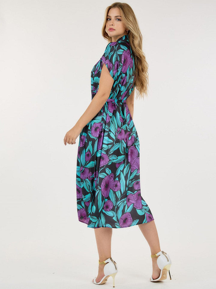 WOMEN'S SHORT SLEEVE POCKETS BELTED MULTI PRINT TUNIC MIDI DRESS