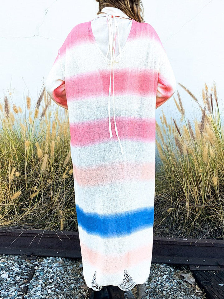 WOMEN'S LONG SLEEVE OPEN FRONT COLORBLOCK STRIPES KNIT DISTRESS CARDIGAN