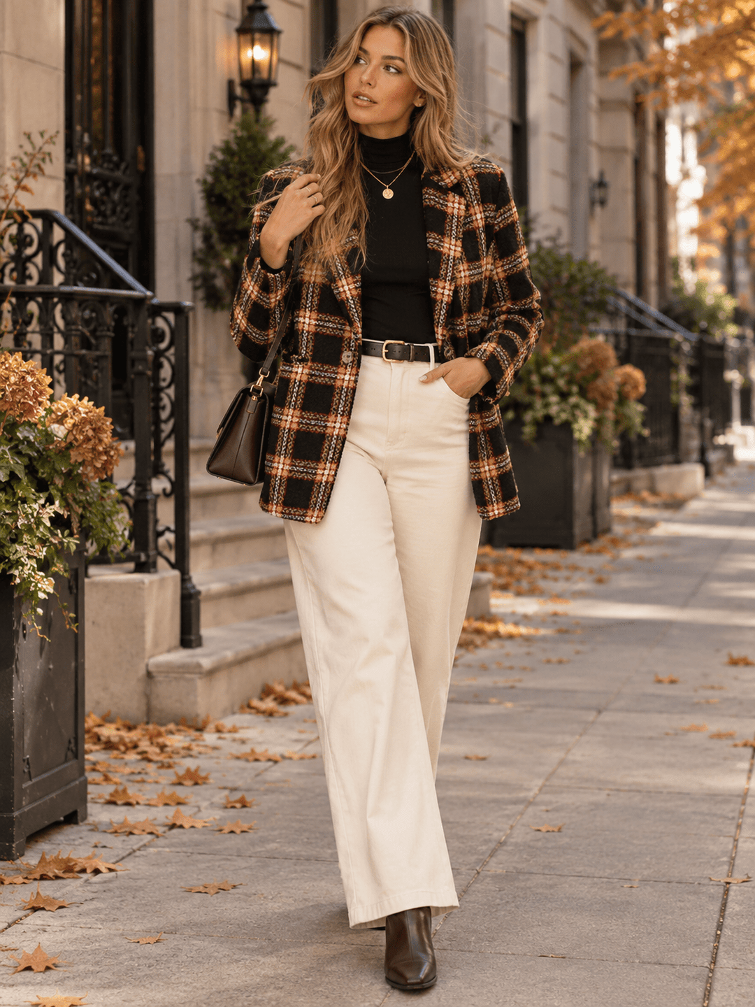 WOMEN'S LONG SLEEVE FRONT POCKETS BUTTON UP PLAID BLAZER