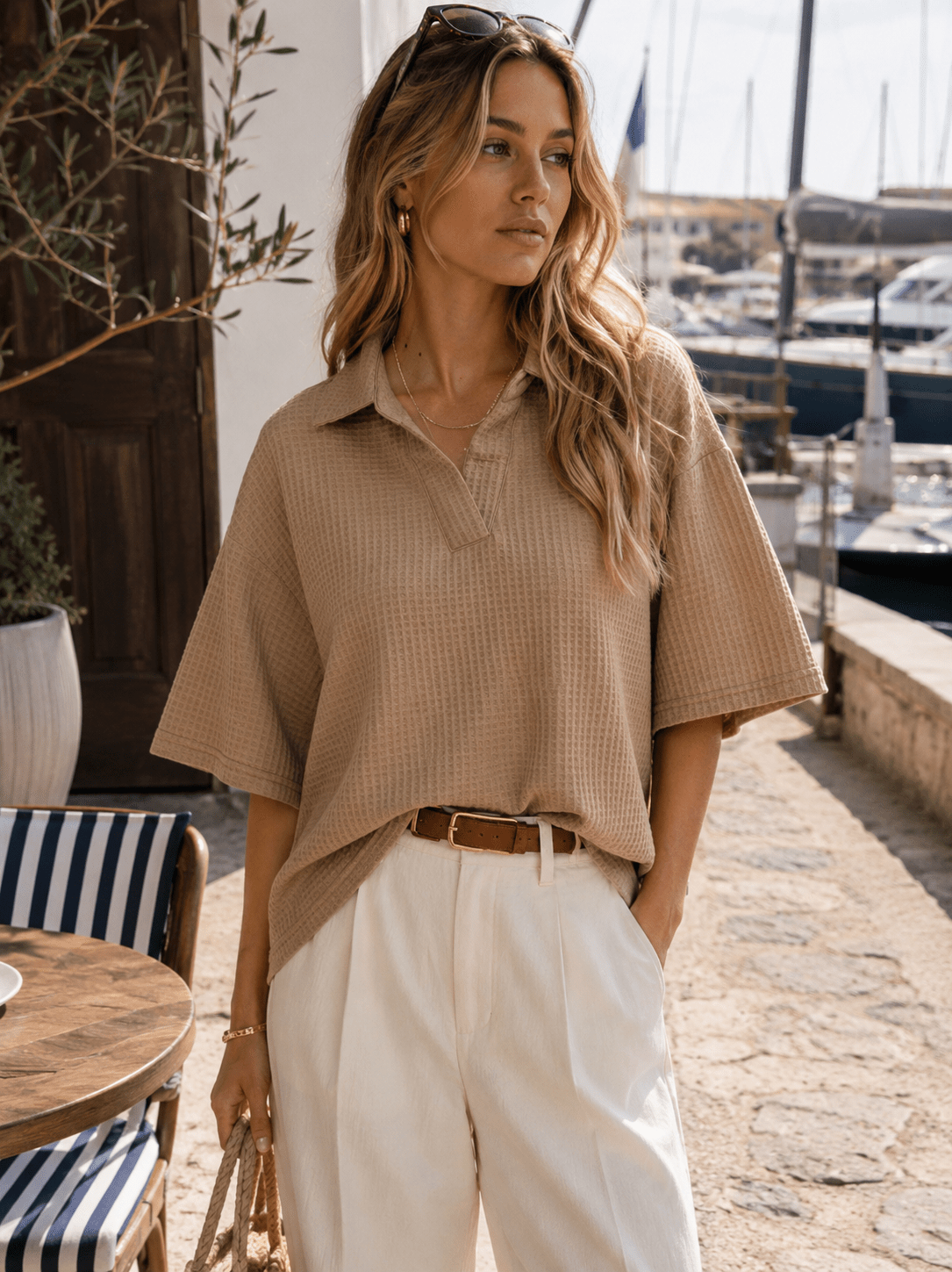WOMEN'S SHORT SLEEVE V-NECK COLLAR WAFFLE BLOUSE