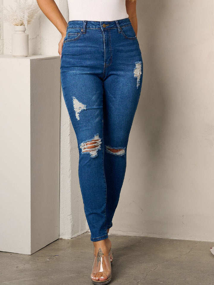 WOMEN'S BUTTON CLOSURE DISTRESSED SKINNY JEANS