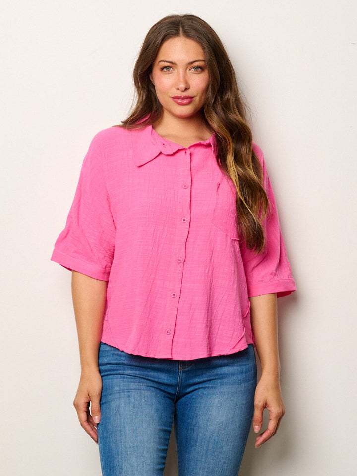 WOMEN'S SHORT SLEEVE BUTTON UP FRONT POCKET BLOUSE TOP