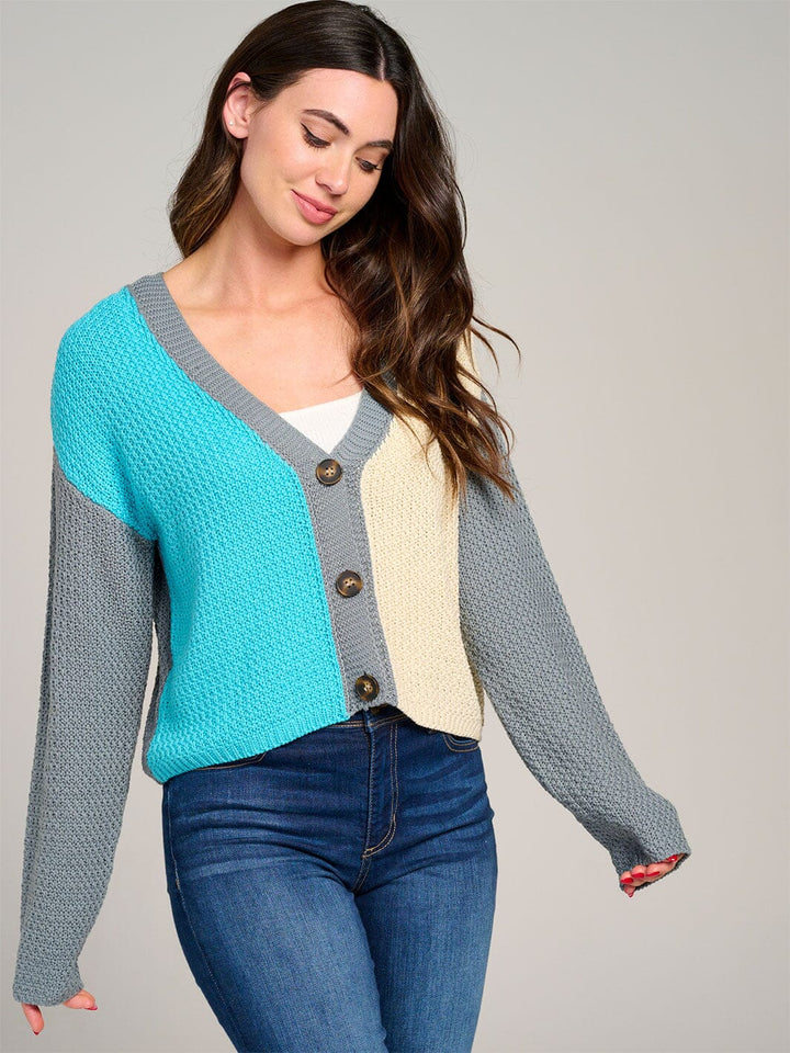 WOMEN'S LONG SLEEVE BUTTON CLOSURE COLORBLOCK KNIT SWEATER