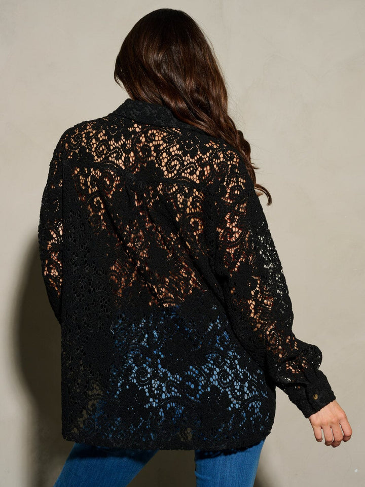 WOMEN'S LONG SLEEVE BUTTON UP POCKETS CROCHET BLOUSE TOP