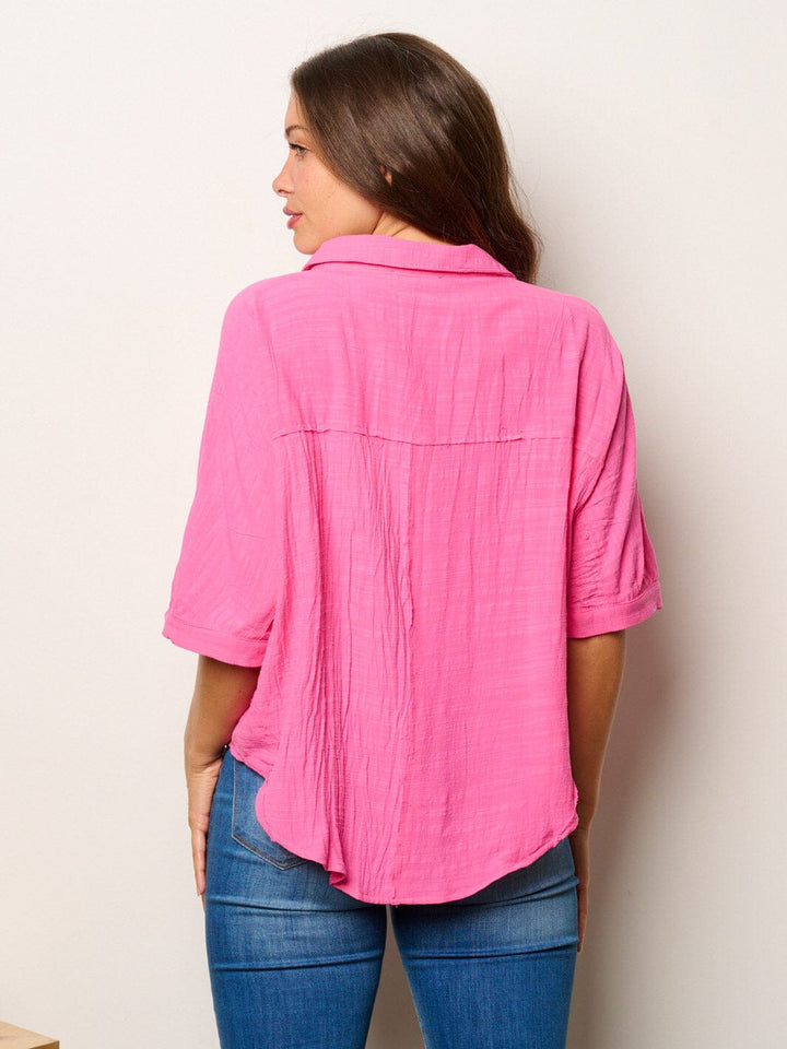 WOMEN'S SHORT SLEEVE BUTTON UP FRONT POCKET BLOUSE TOP
