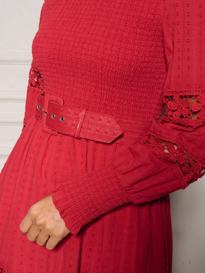 WOMEN'S LONG SLEEVE BELTED TIERED SMOCK SWISS DOTS MINI DRESS