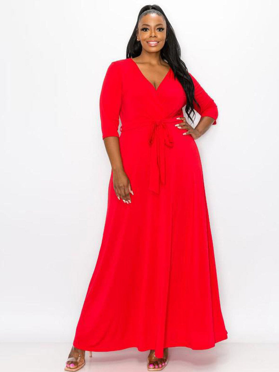 PLUS SIZE 3/4 SLEEVE SURPLICE SELF TIE MAXI DRESS