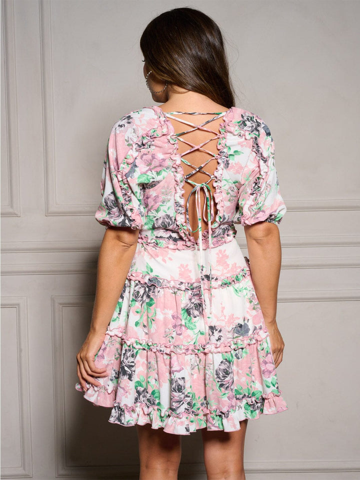 WOMEN'S SHORT SLEEVE RUFFLE BACK LACE UP FLORAL MINI DRESS