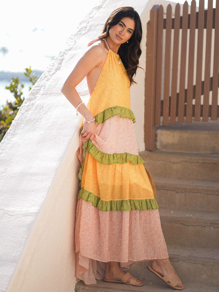 WOMEN'S SLEEVELESS HALTER NECK TIERED COLORBLOCK MAXI DRESS