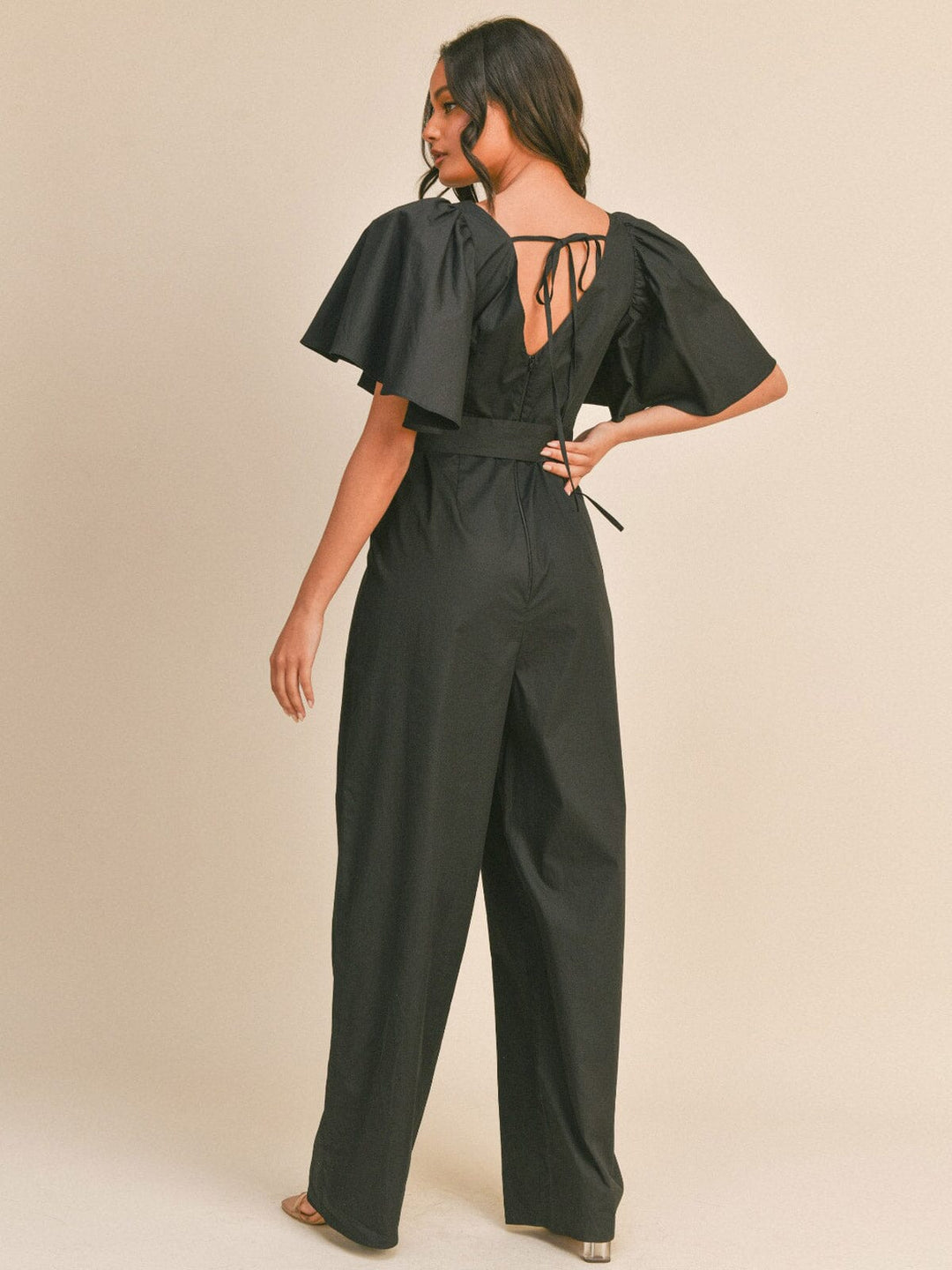 WOMEN'S SHORT PUFF SLEEVE V-NECK BELTED WIDE LEG JUMPSUIT