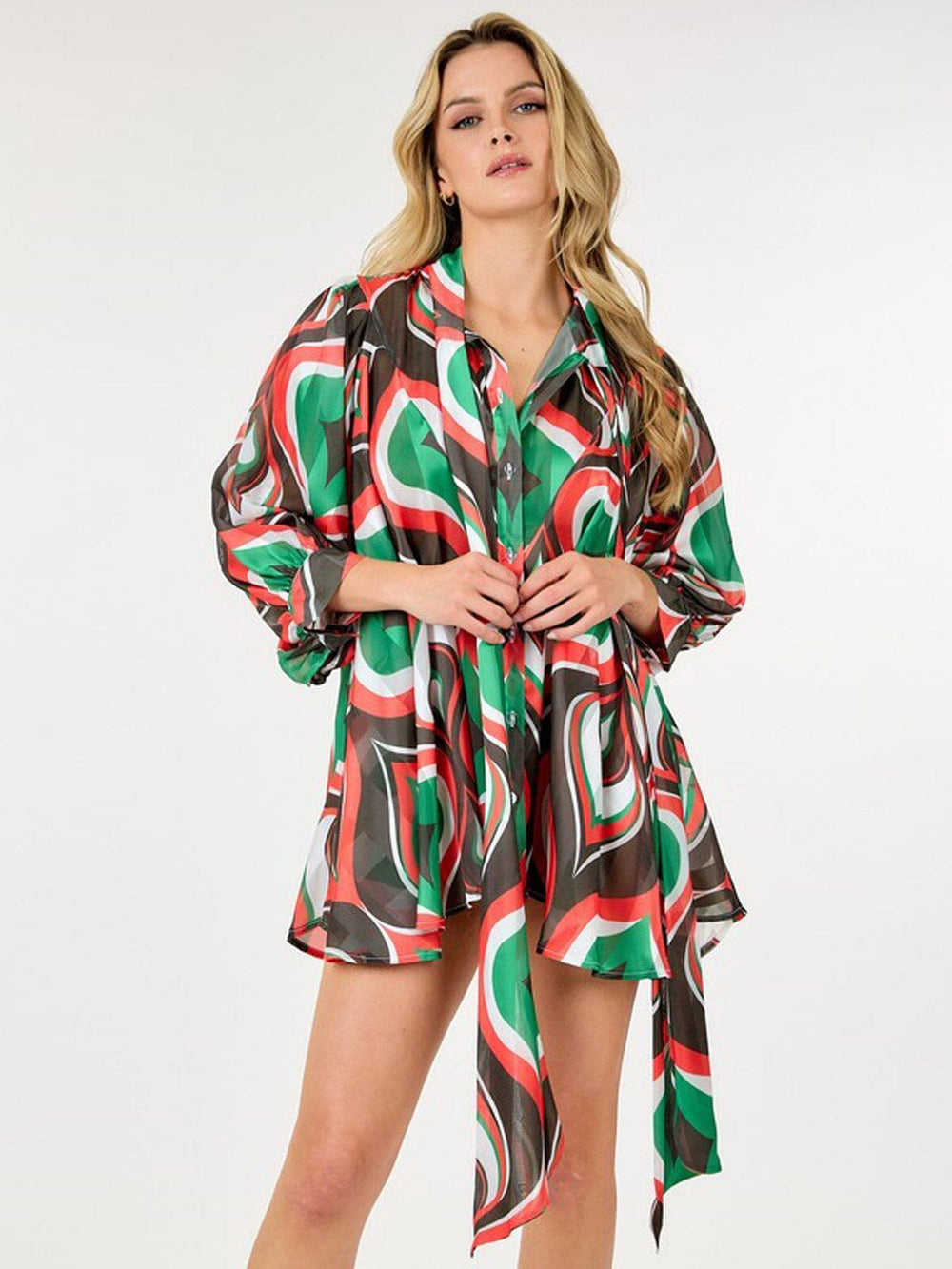 WOMEN'S LONG SLEEVE BUTTON UP LOOSE FIT MULTI PRINT BLOUSE TOP