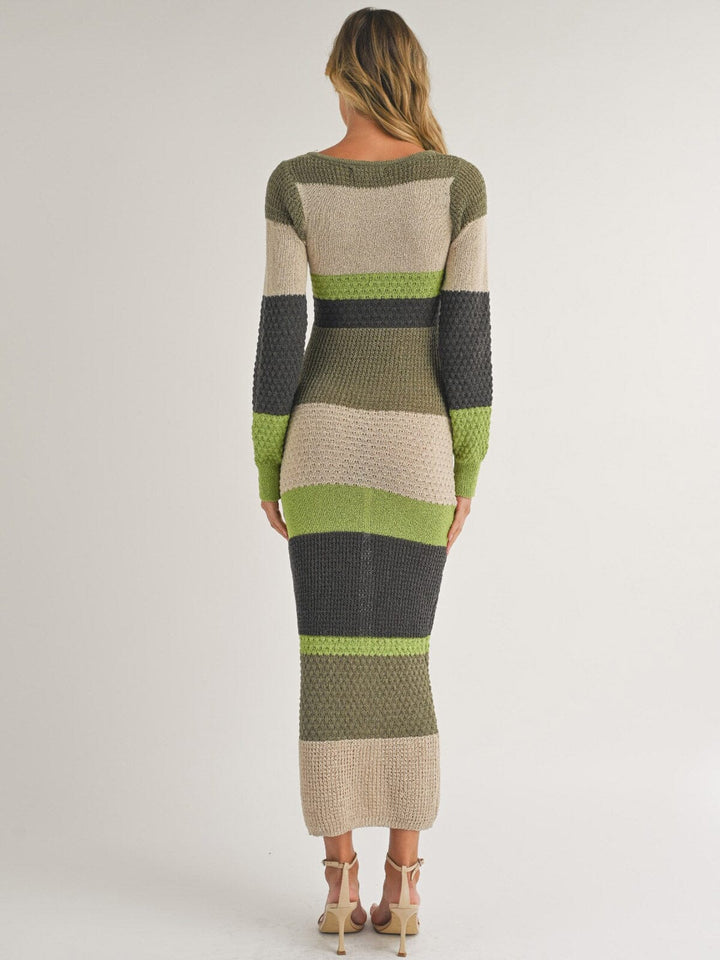 WOMEN'S LONG SLEEVE V-NECK KNIT STRIPES COLORBLOCK BODYCON MAXI DRESS