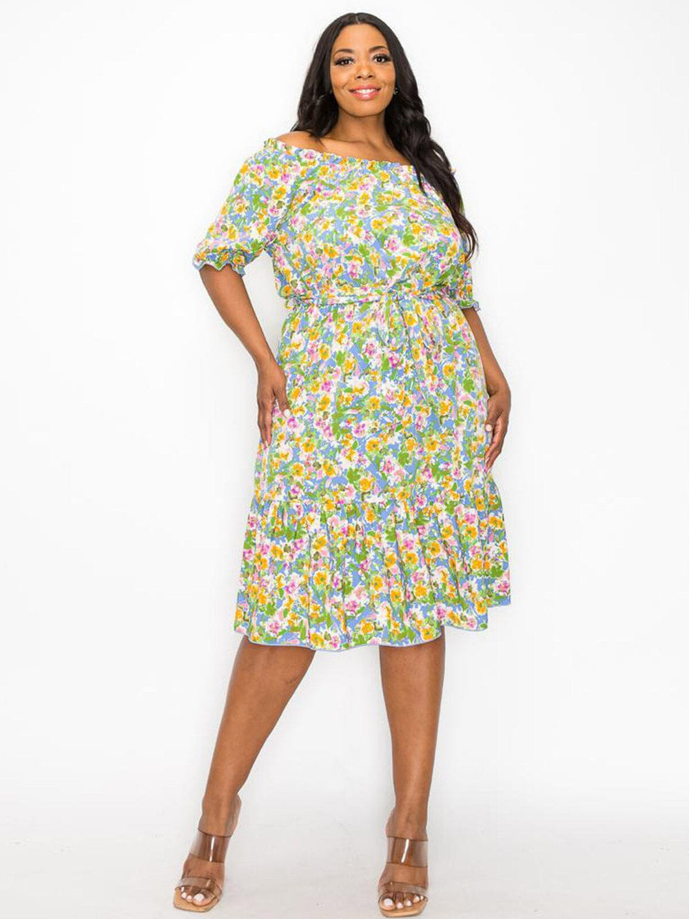 PLUS SIZE SHORT SLEEVE OFF SHOULDER FLORAL MINI DRESS