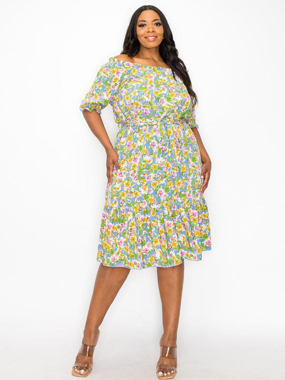 PLUS SIZE SHORT SLEEVE OFF SHOULDER FLORAL MINI DRESS