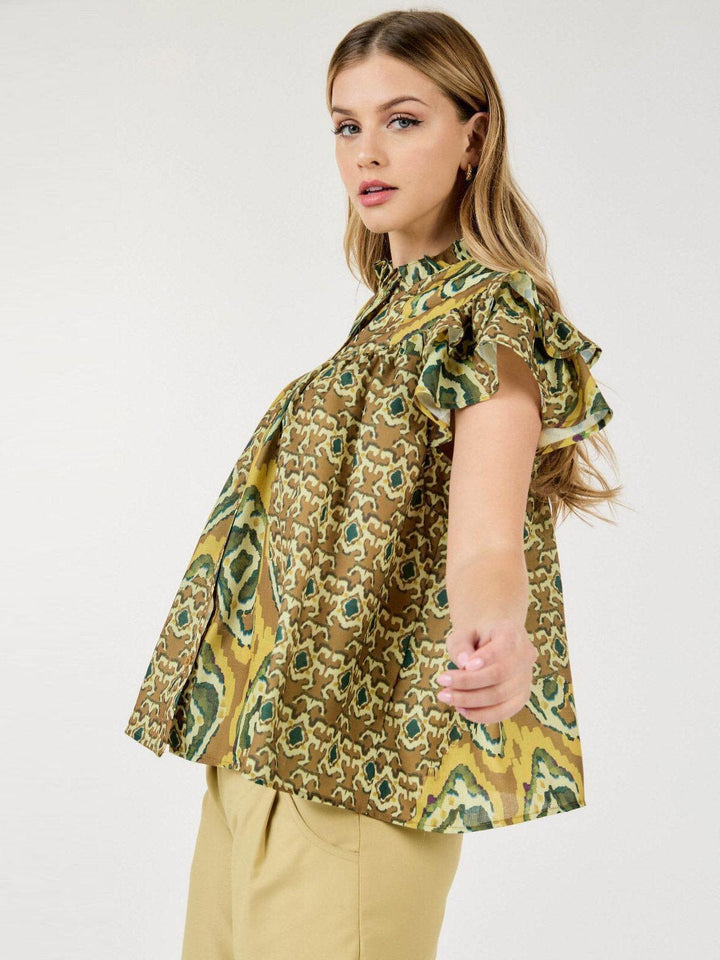 WOMEN'S SHORT RUFFLE SLEEVE BUTTON CLOSURE MULTI PRINT BLOUSE TOP