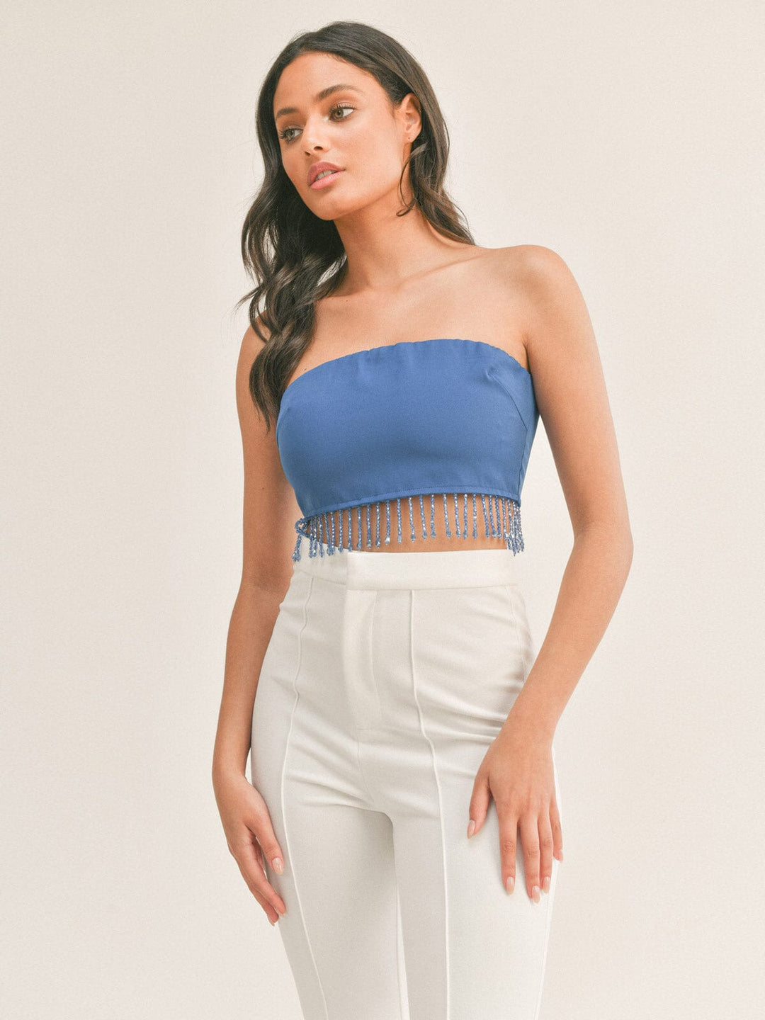 WOMEN'S SLEEVELESS RHIMESTONES FRINGE CROP TUBE TOP