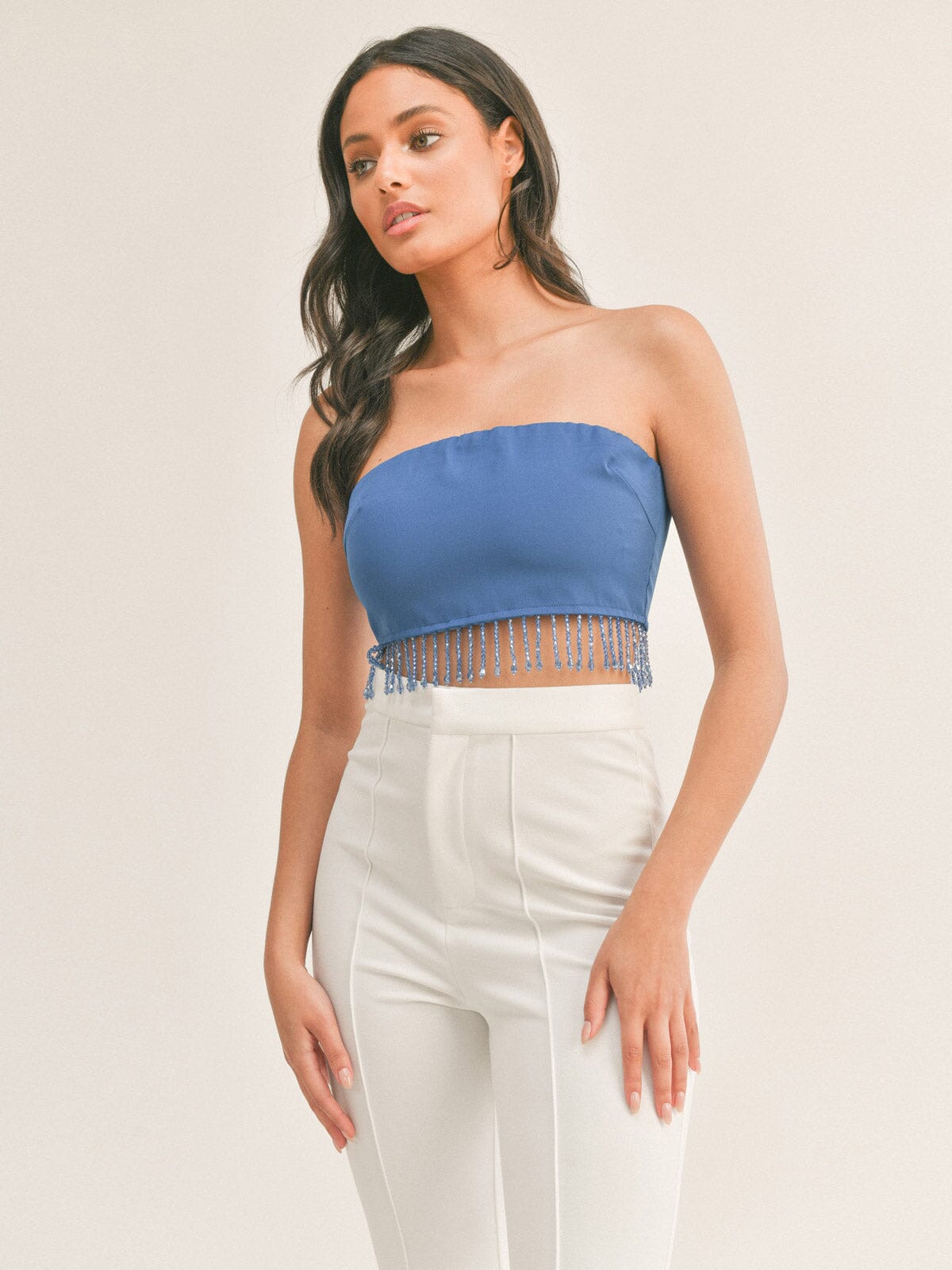 WOMEN'S SLEEVELESS RHIMESTONES FRINGE CROP TUBE TOP