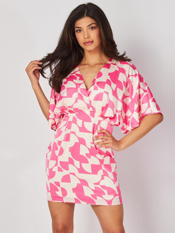 WOMEN'S SHORT SLEEVE SURPLICE MULTI PRINT MINI DRESS