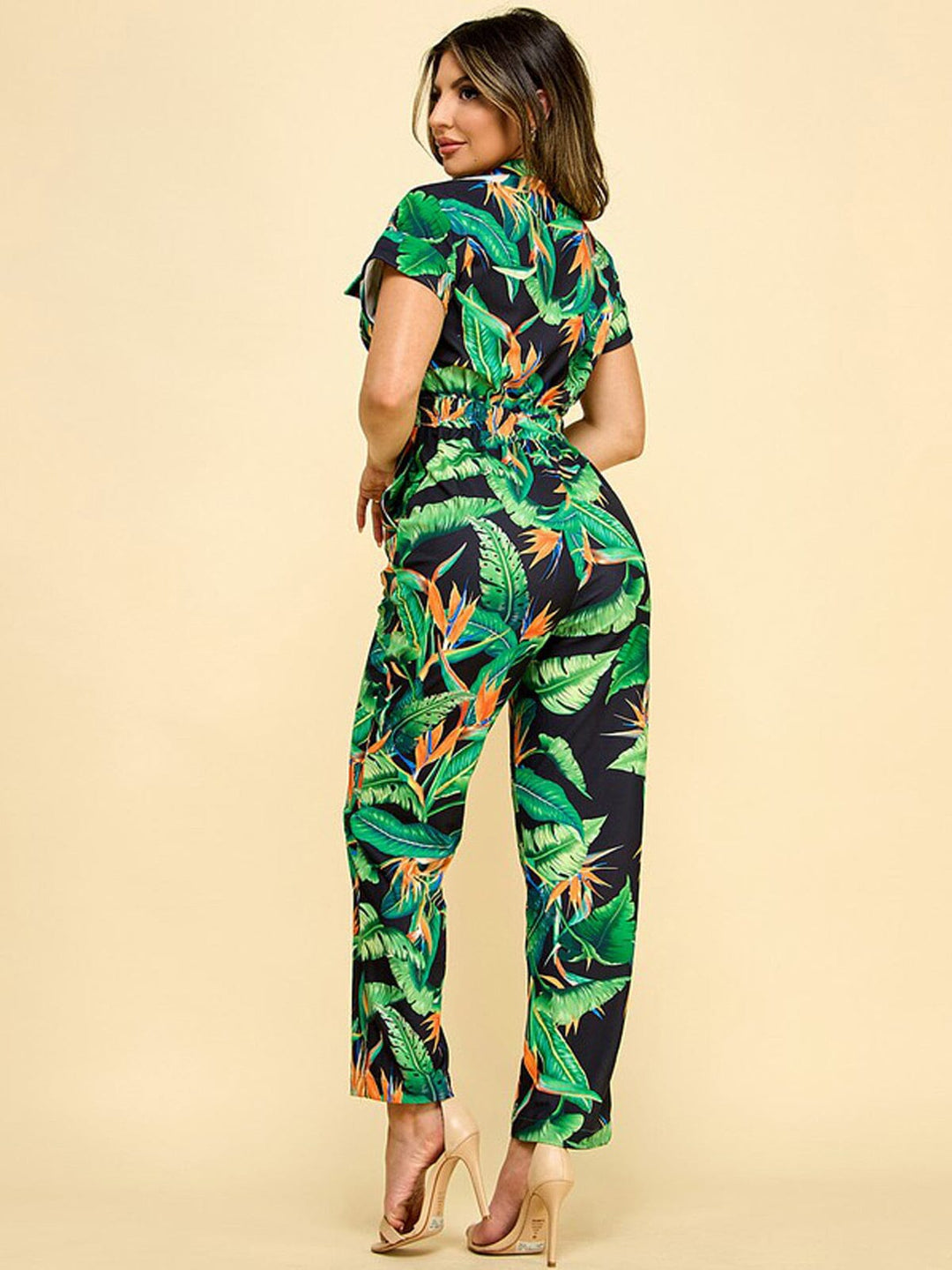 WOMEN'S SHORT SLEEVE BUTTON UP POCKETS FLORAL JUMSUIT