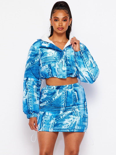 WOMEN'S LONG SLEEVE CROP JACKET & ELASTIC WAIST MINI SKIRT PUFFER PRINTED 2PC SET