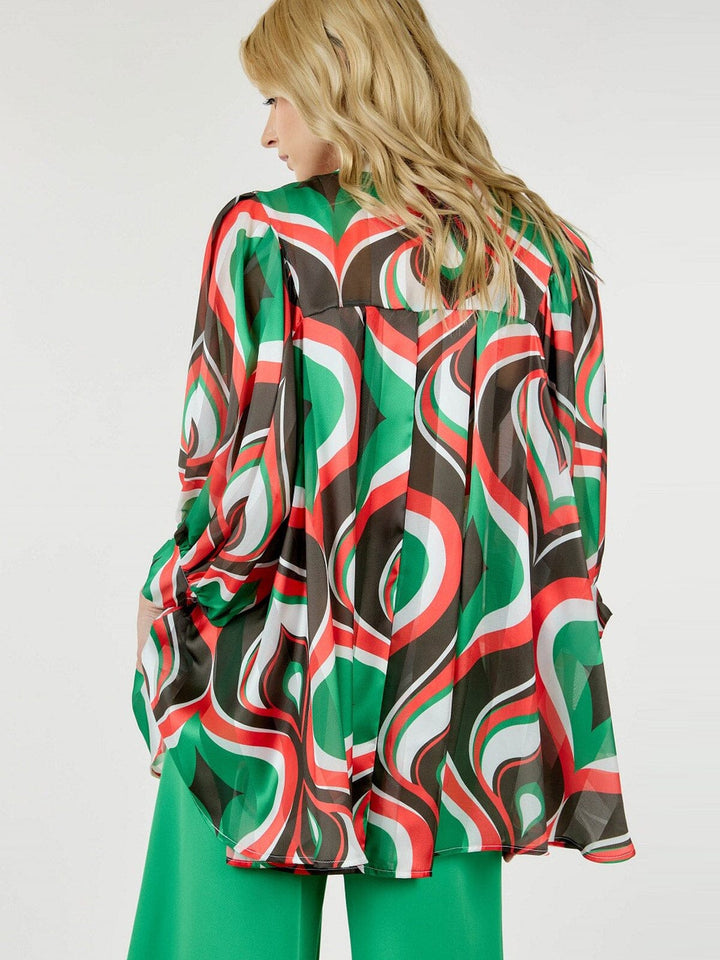 WOMEN'S LONG SLEEVE BUTTON UP LOOSE FIT MULTI PRINT BLOUSE TOP