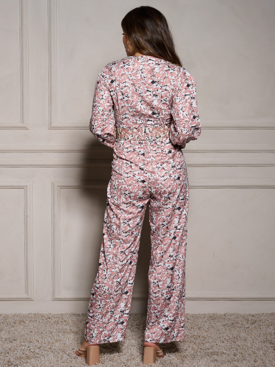 WOMEN'S LONG SLEEVE V-NECK BUTTON UP BELTED MULTI PRINT JUMPSUIT