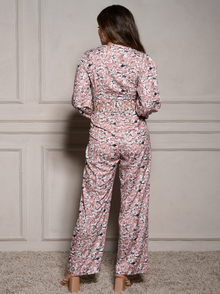 WOMEN'S LONG SLEEVE V-NECK BUTTON UP BELTED MULTI PRINT JUMPSUIT
