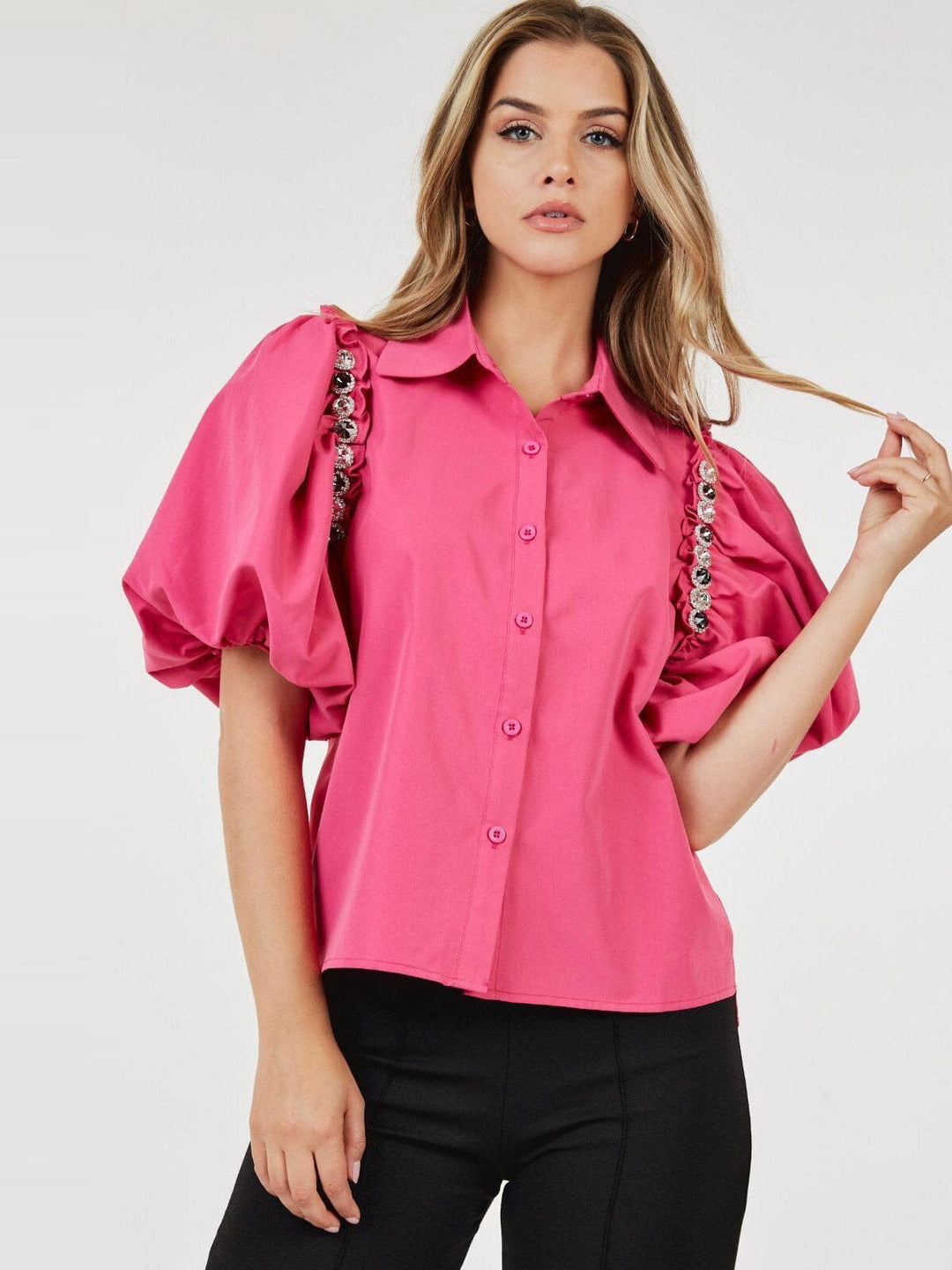 WOMEN'S SHORT PUFF SLEEVE BUTTON CLOSURE STUDS BLOUSE TOP