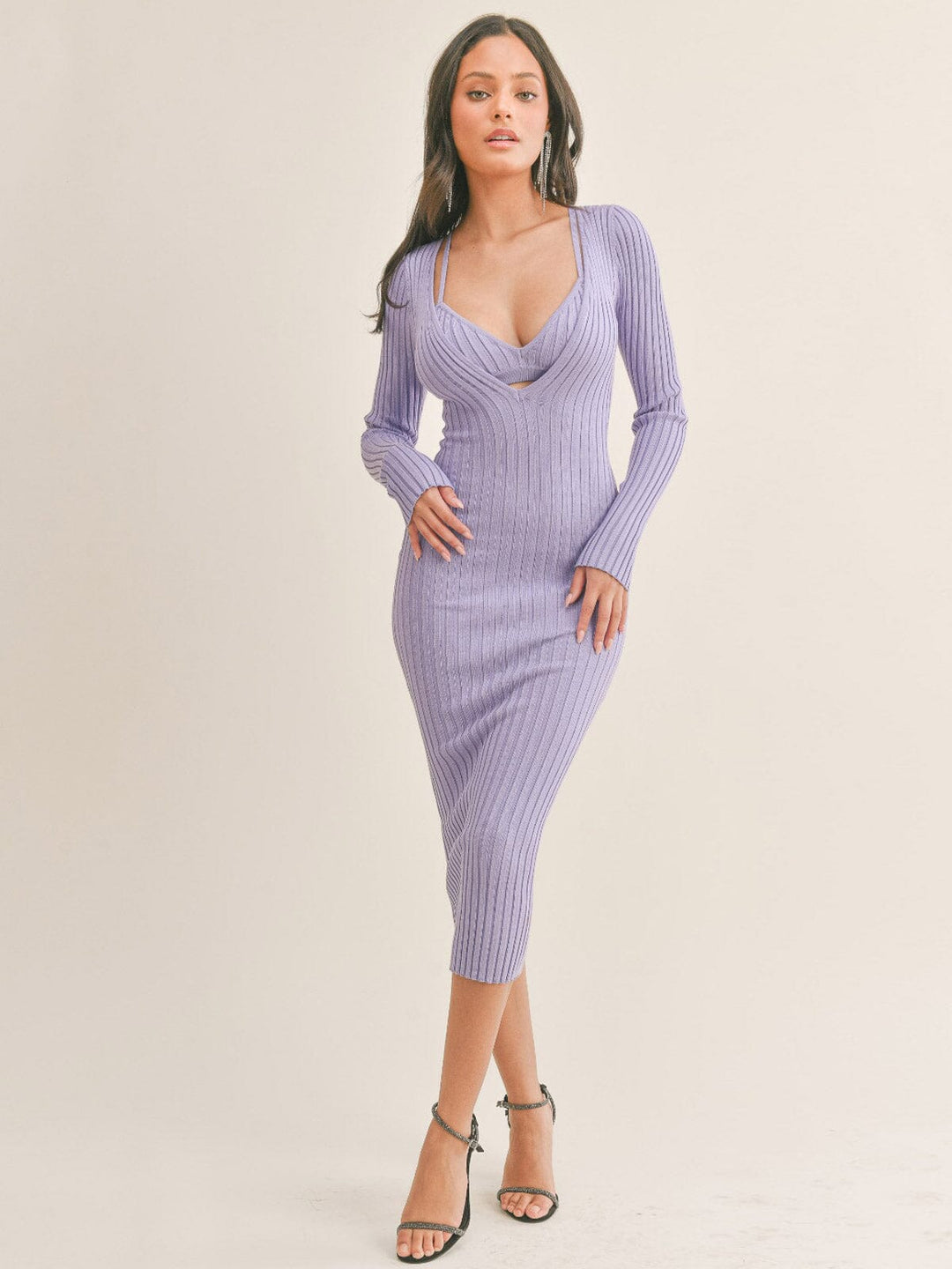 WOMEN'S BRALETTE & LONG SLEEVE V-NECK BODYCON MAXI DRESS 2PC. SET Black / 3S-2M-1L